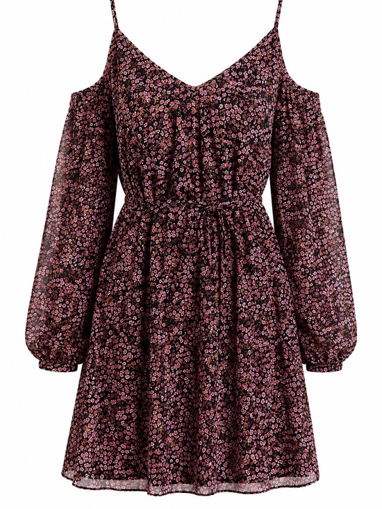 PAIGE Dresses & Skirts - PAIGE Black Mini Dress with Pink Floral Print Cold Shoulder Size S